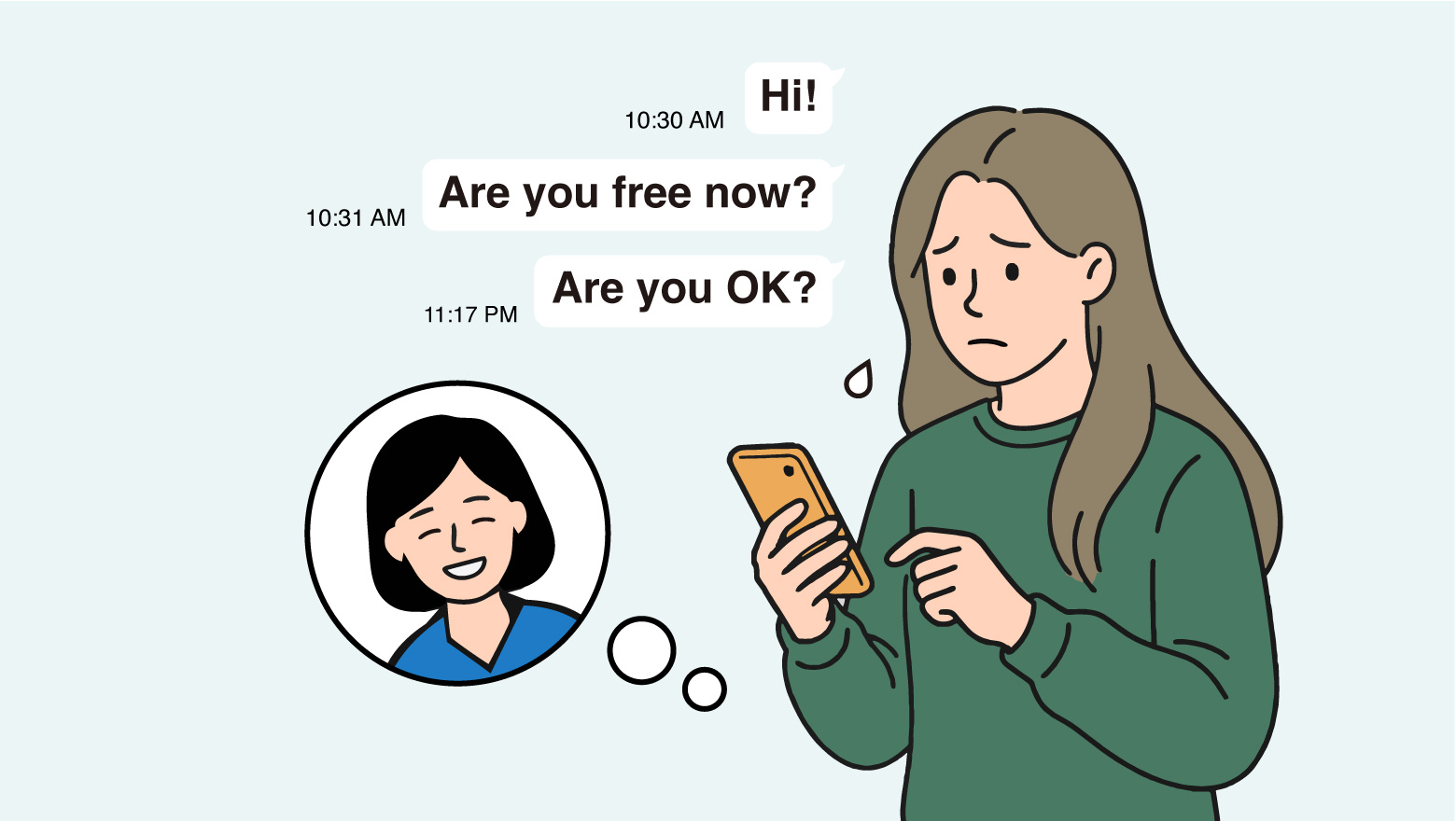 返信のないLINE画面を見ながら大丈夫かなと相手を心配している人